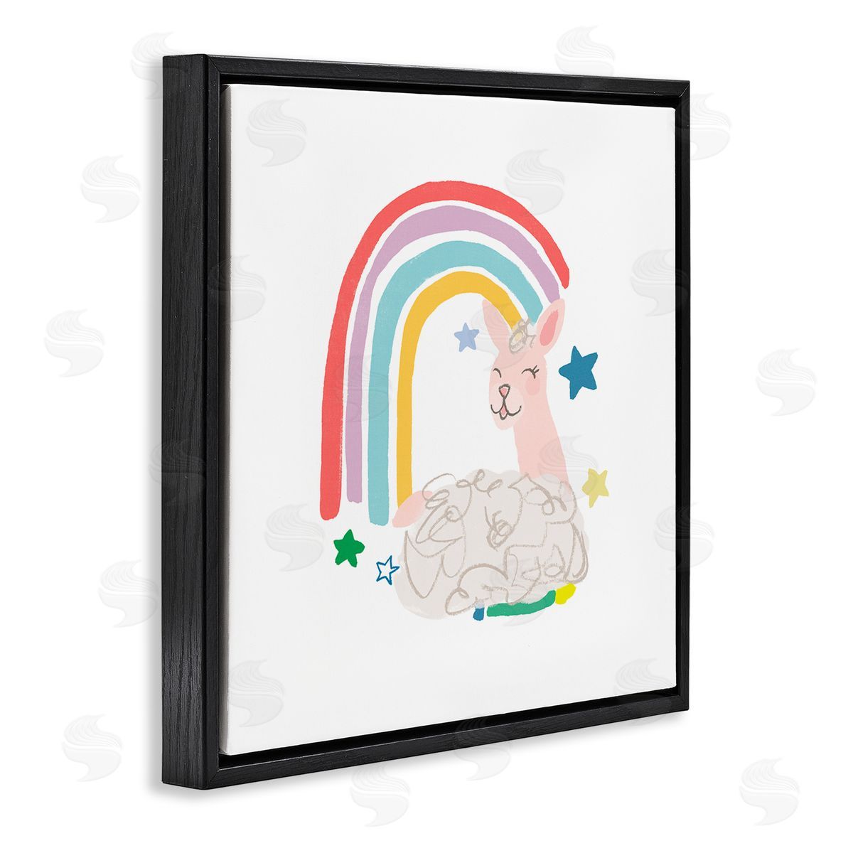June Erica Vess Sheep Relaxing Smiling Rainbow Stars Adorable Design Black Floating Frame Canvas Wall Art Print