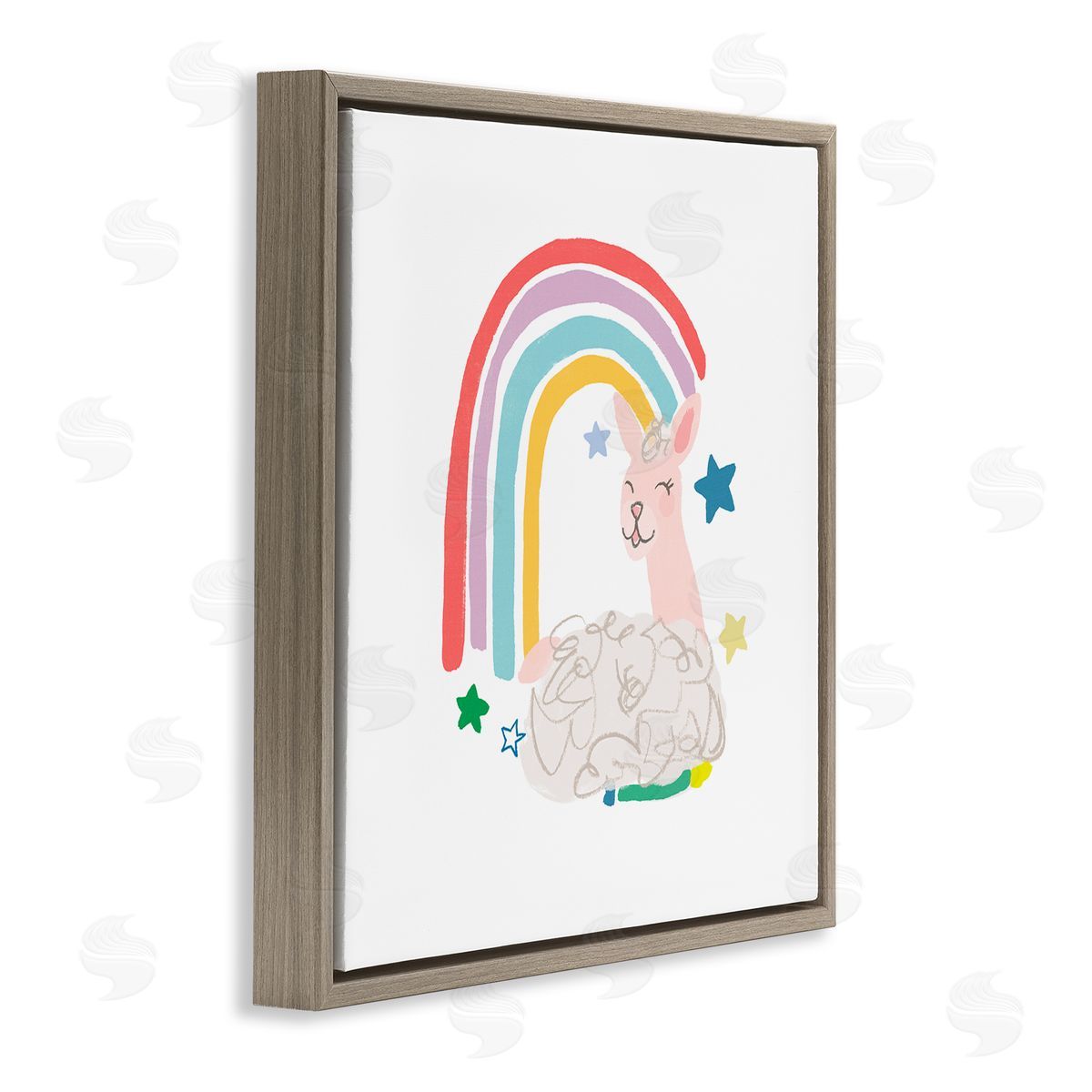 June Erica Vess Sheep Relaxing Smiling Rainbow Stars Adorable Design Brown Floating Frame Canvas Wall Art Print