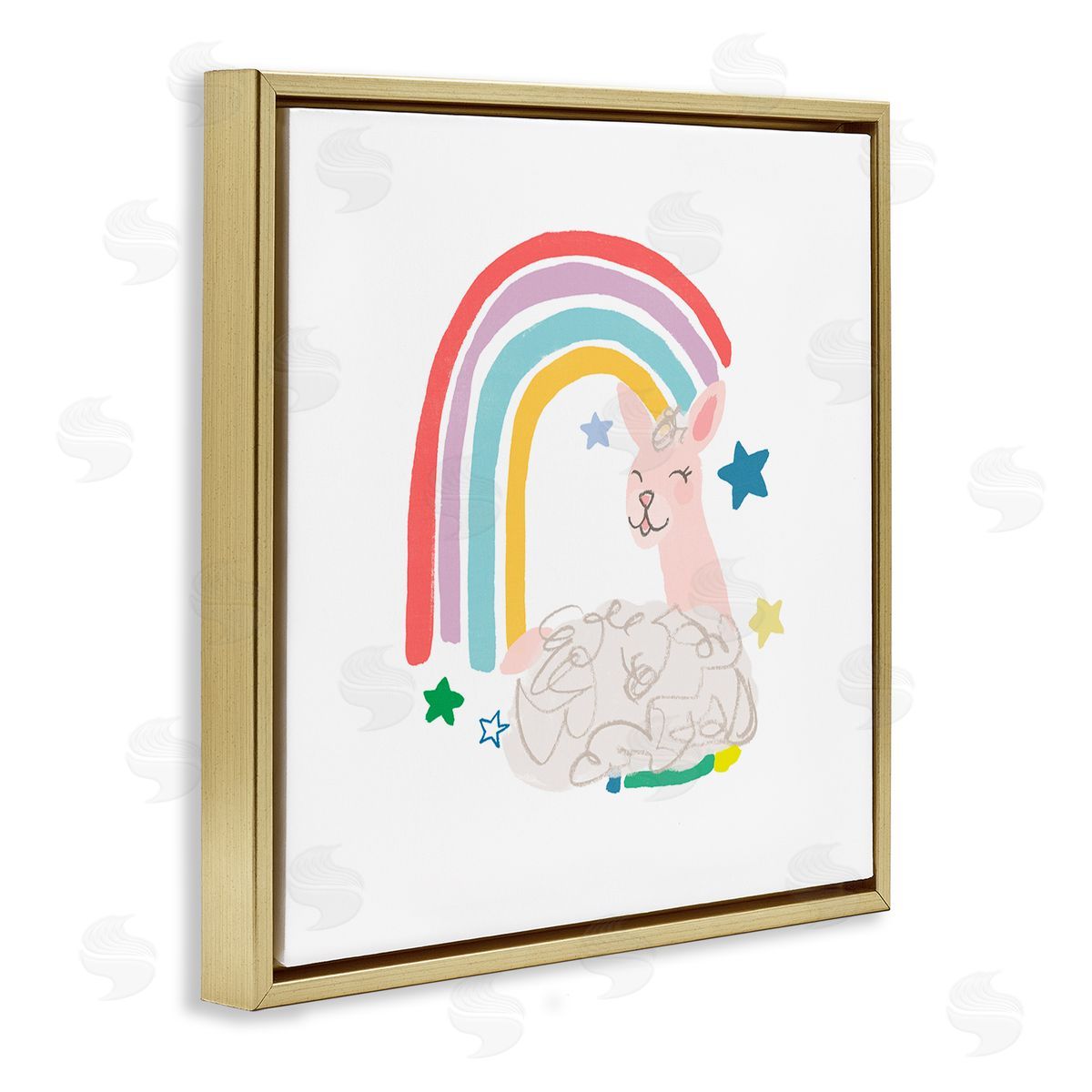 June Erica Vess Sheep Relaxing Smiling Rainbow Stars Adorable Design Gold Floating Frame Canvas Wall Art Print