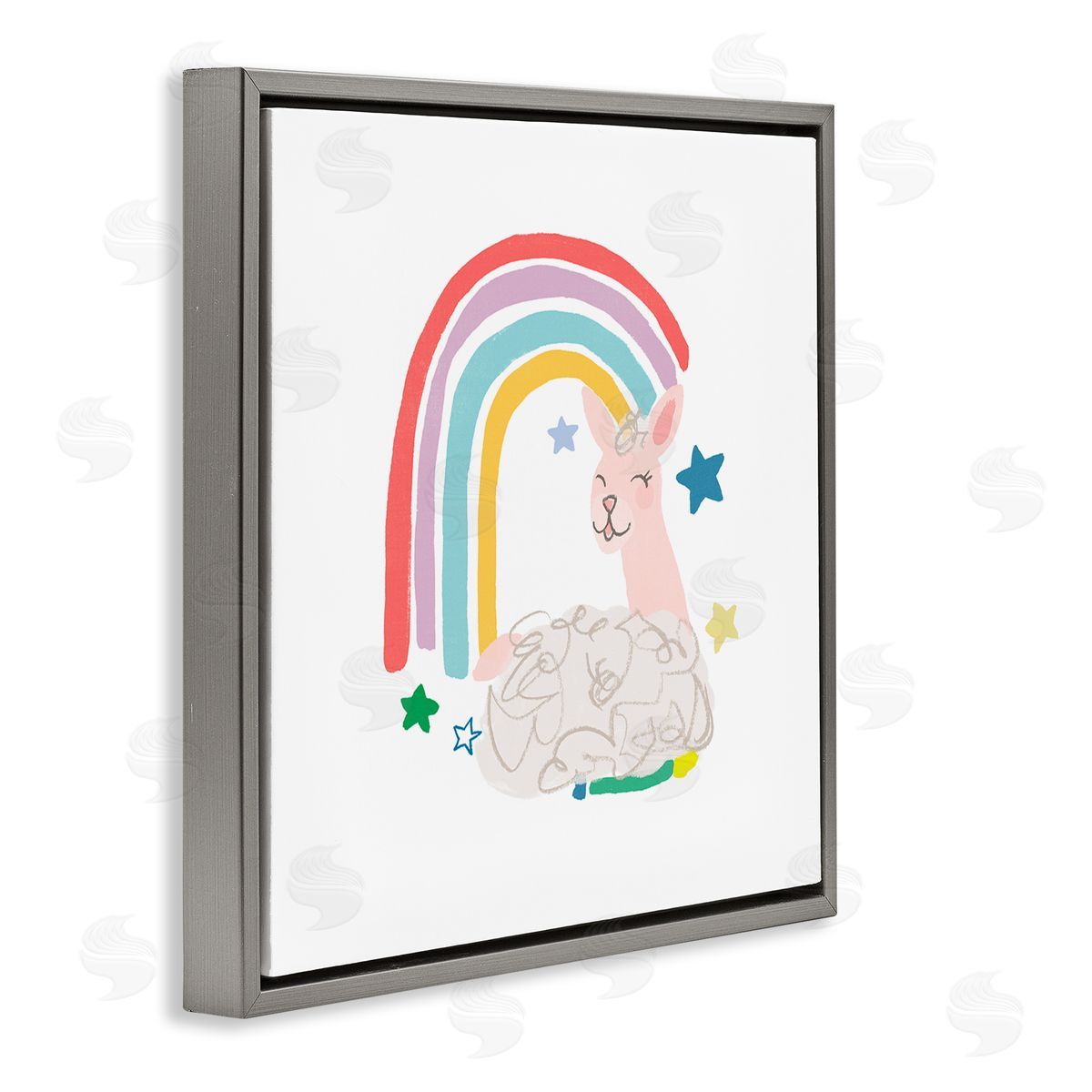 June Erica Vess Sheep Relaxing Smiling Rainbow Stars Adorable Design Gray Floating Frame Canvas Wall Art Print
