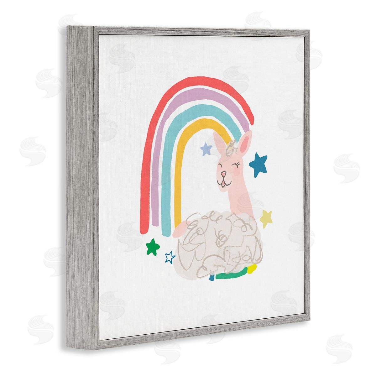June Erica Vess Sheep Relaxing Smiling Rainbow Stars Adorable Design Gray Framed Glicee Wall Art Print