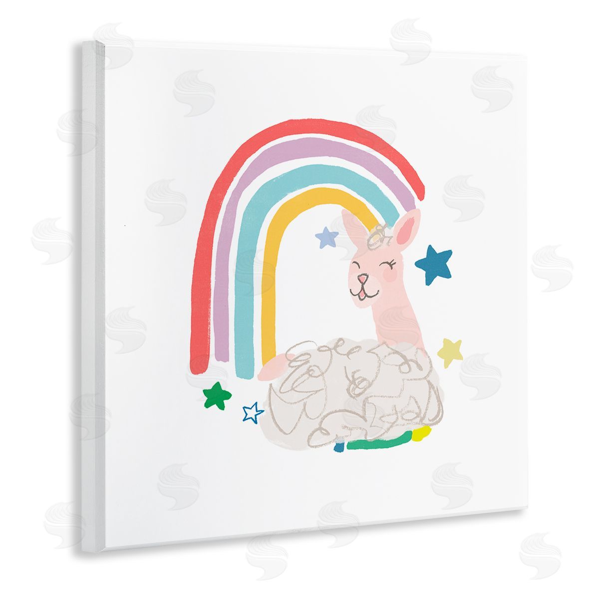 June Erica Vess Sheep Relaxing Smiling Rainbow Stars Adorable Design Wooden Wall Plaque Art Print