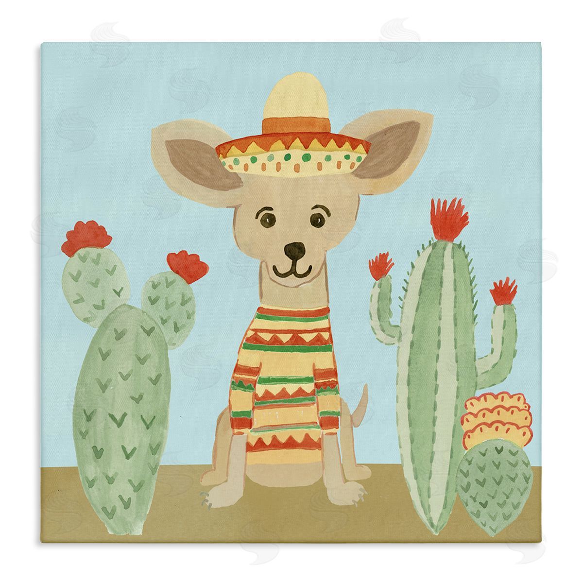 Heather Strianese Small Chihuahua Dog Sombrero Desert Cactus Plants Stretched Canvas Wall Art Print
