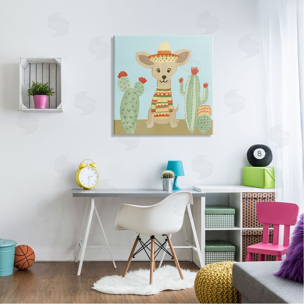 Heather Strianese Small Chihuahua Dog Sombrero Desert Cactus Plants Canvas Wall Art in Room