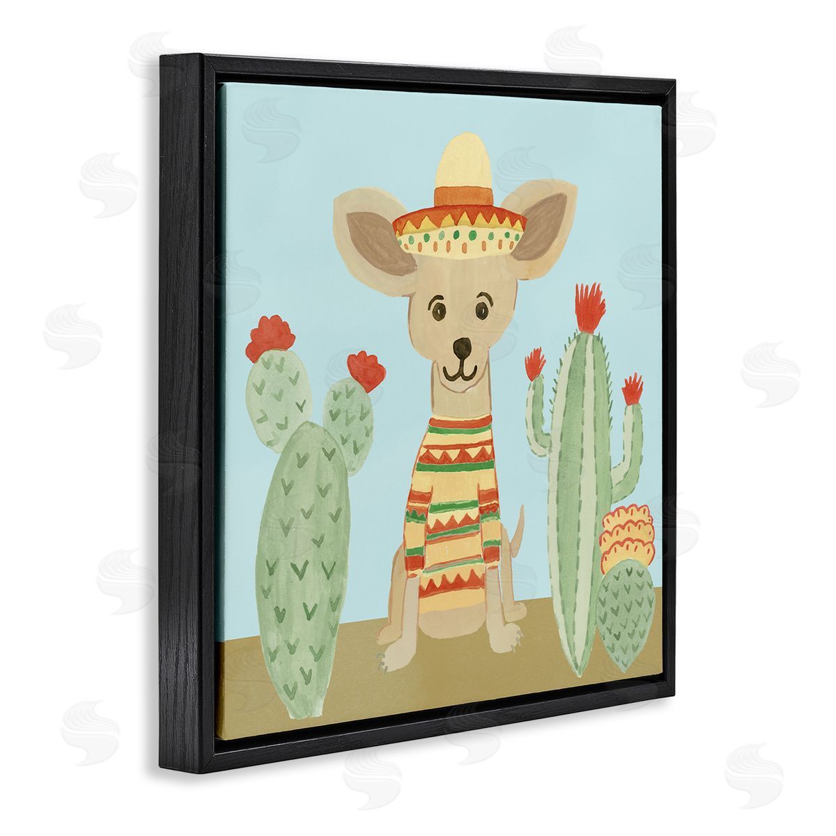 Heather Strianese Small Chihuahua Dog Sombrero Desert Cactus Plants Black Floating Frame Canvas Wall Art Print