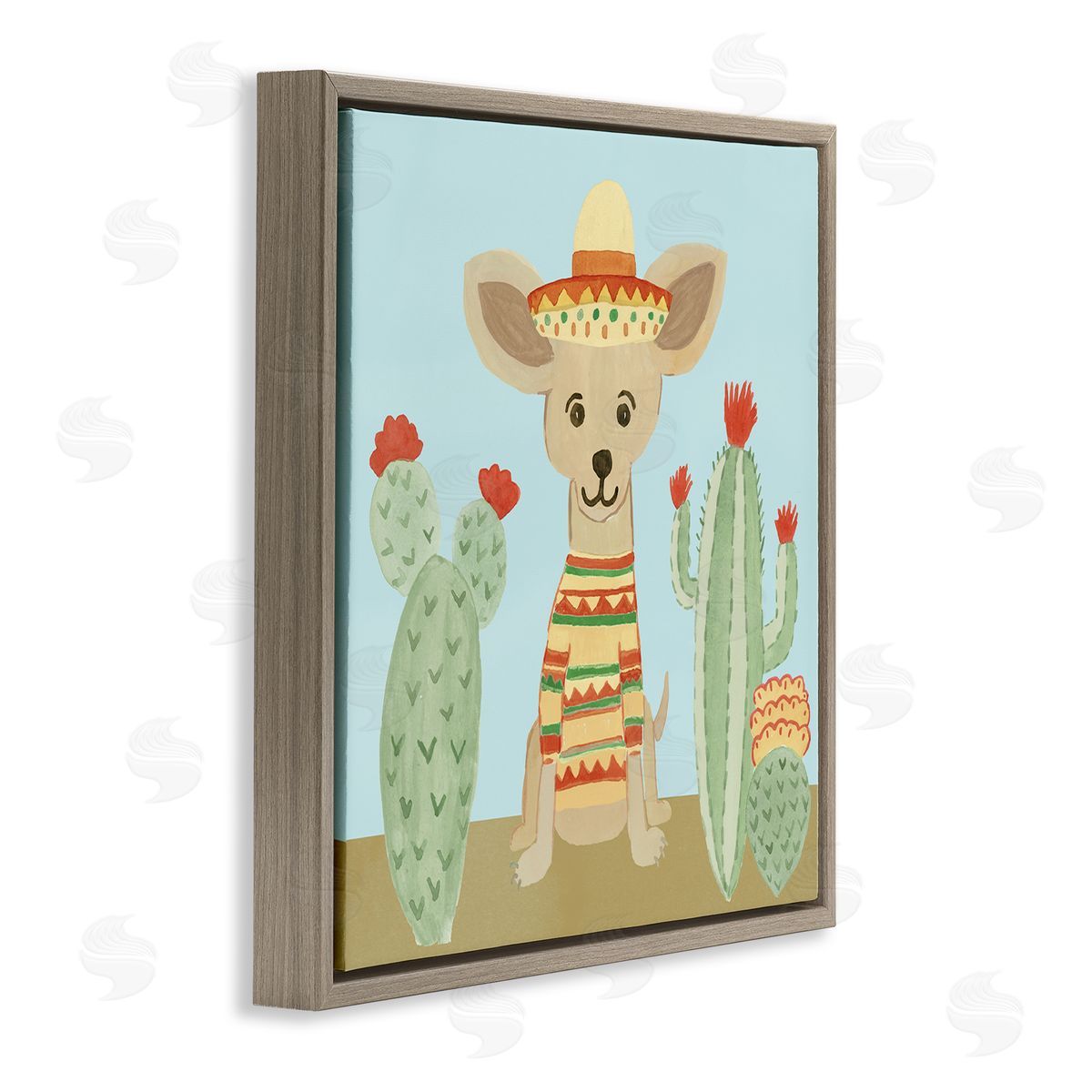 Heather Strianese Small Chihuahua Dog Sombrero Desert Cactus Plants Brown Floating Frame Canvas Wall Art Print