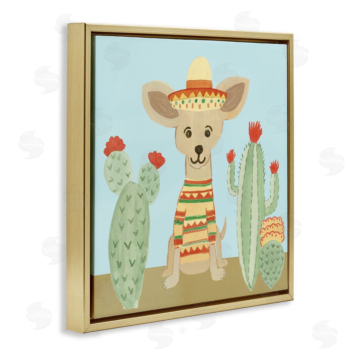 Heather Strianese Small Chihuahua Dog Sombrero Desert Cactus Plants Gold Floating Frame Canvas Wall Art Print