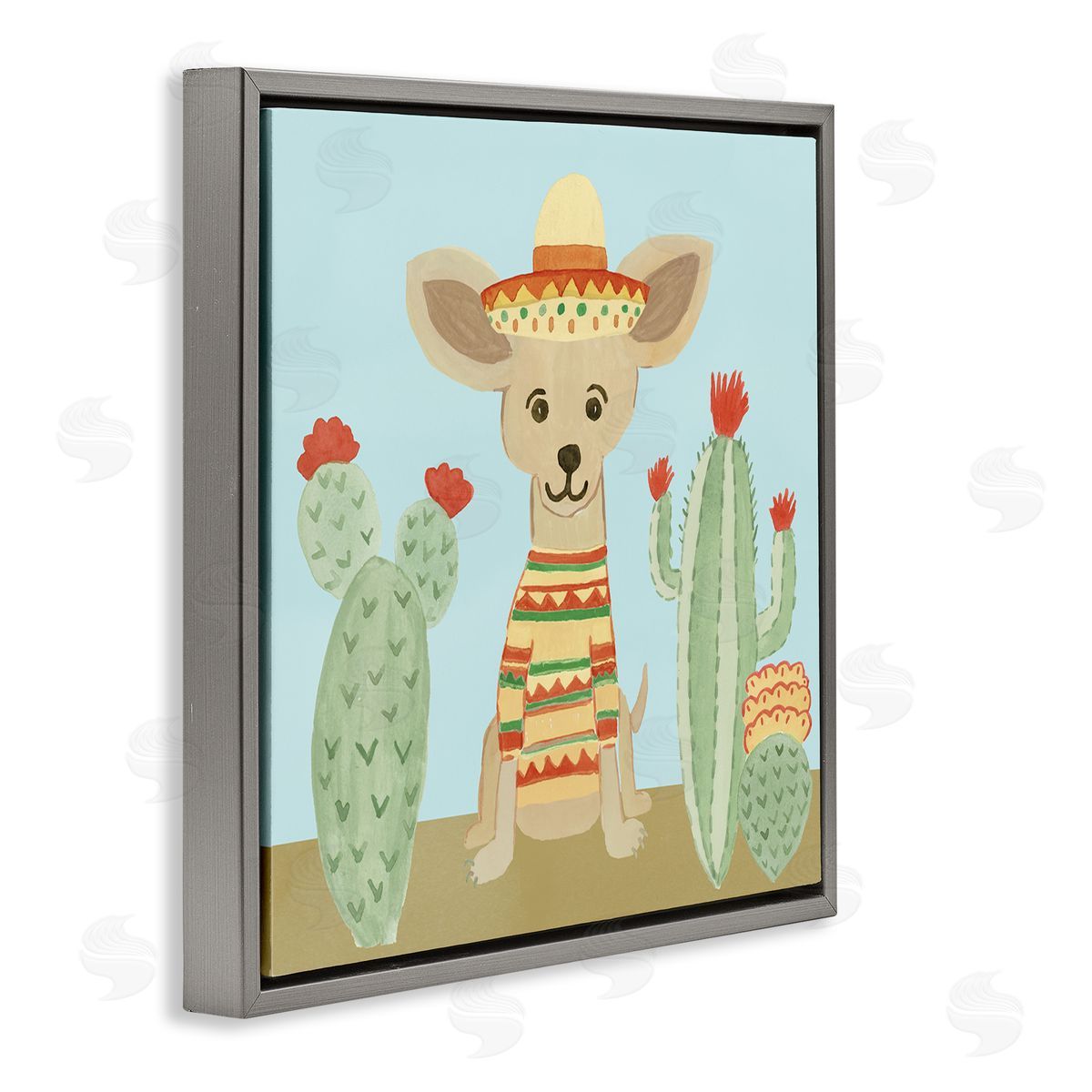 Heather Strianese Small Chihuahua Dog Sombrero Desert Cactus Plants Gray Floating Frame Canvas Wall Art Print