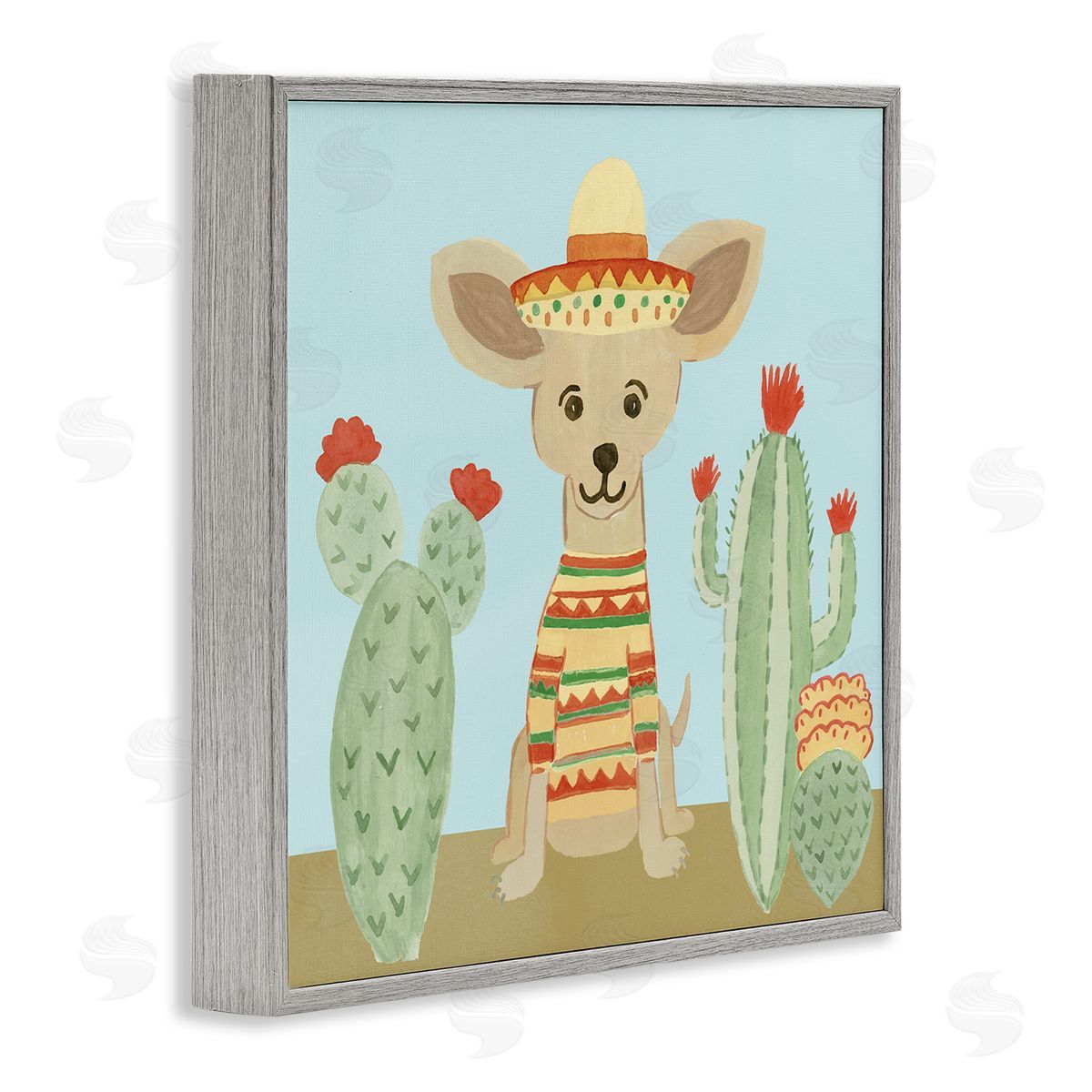 Heather Strianese Small Chihuahua Dog Sombrero Desert Cactus Plants Gray Framed Glicee Wall Art Print