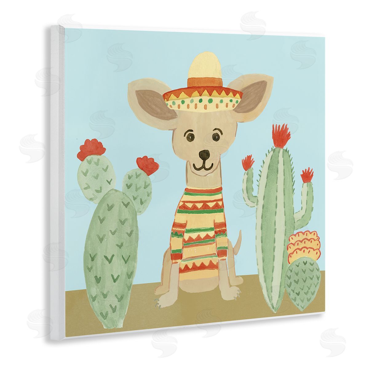 Heather Strianese Small Chihuahua Dog Sombrero Desert Cactus Plants Wooden Wall Plaque Art Print
