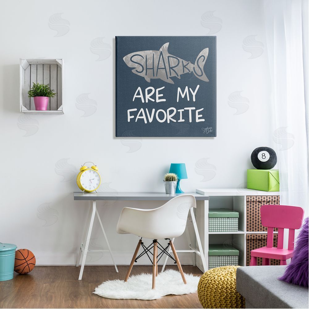Stephanie Dicks Quirky Sharks Saying Text Maritime Blue Background  Canvas Wall Art in Room