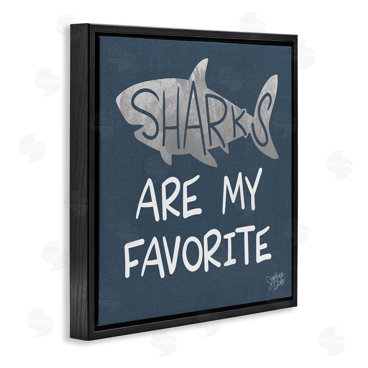 Stephanie Dicks Quirky Sharks Saying Text Maritime Blue Background  Black Floating Frame Canvas Wall Art Print