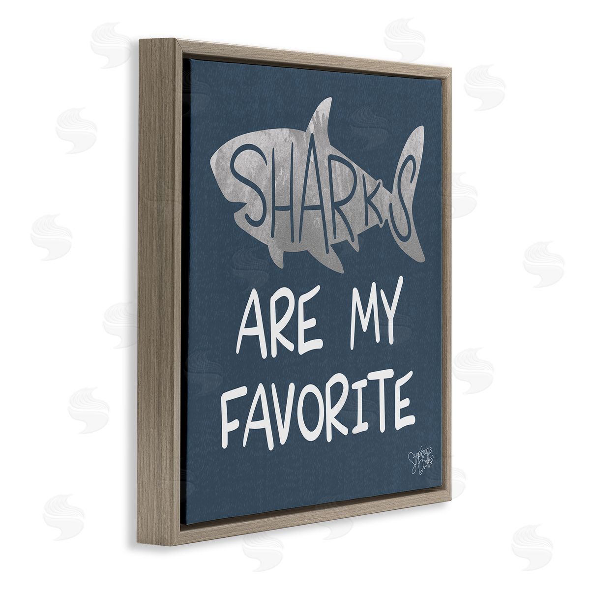 Stephanie Dicks Quirky Sharks Saying Text Maritime Blue Background  Brown Floating Frame Canvas Wall Art Print