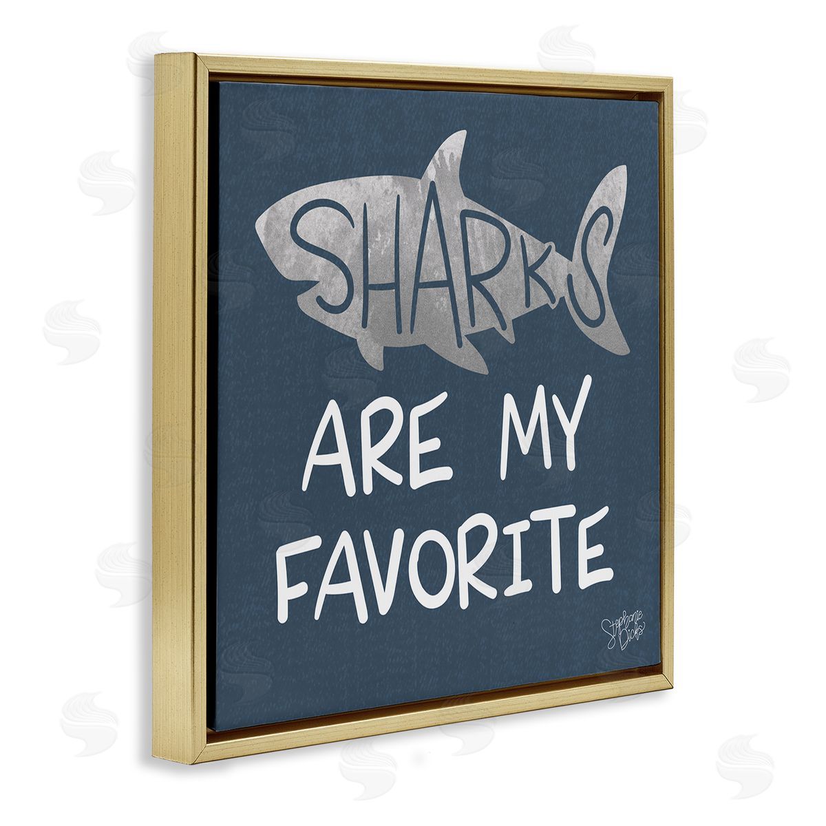 Stephanie Dicks Quirky Sharks Saying Text Maritime Blue Background  Gold Floating Frame Canvas Wall Art Print