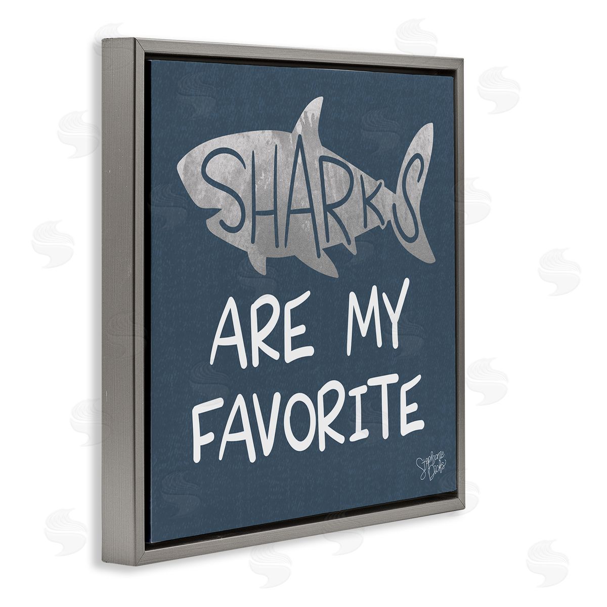 Stephanie Dicks Quirky Sharks Saying Text Maritime Blue Background  Gray Floating Frame Canvas Wall Art Print