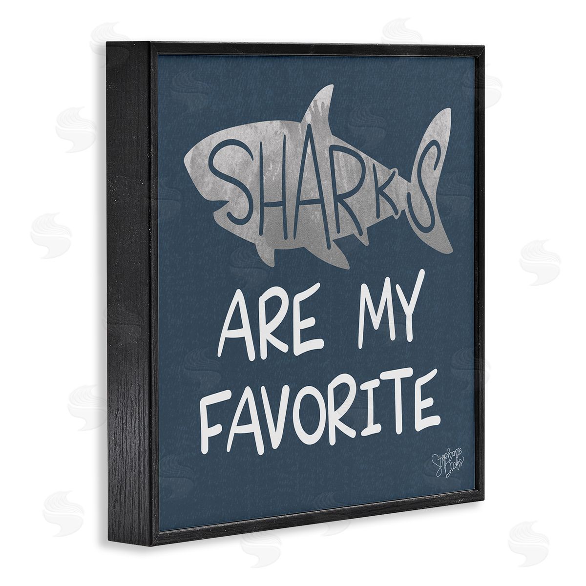 Stephanie Dicks Quirky Sharks Saying Text Maritime Blue Background  Black Framed Glicee Wall Art Print
