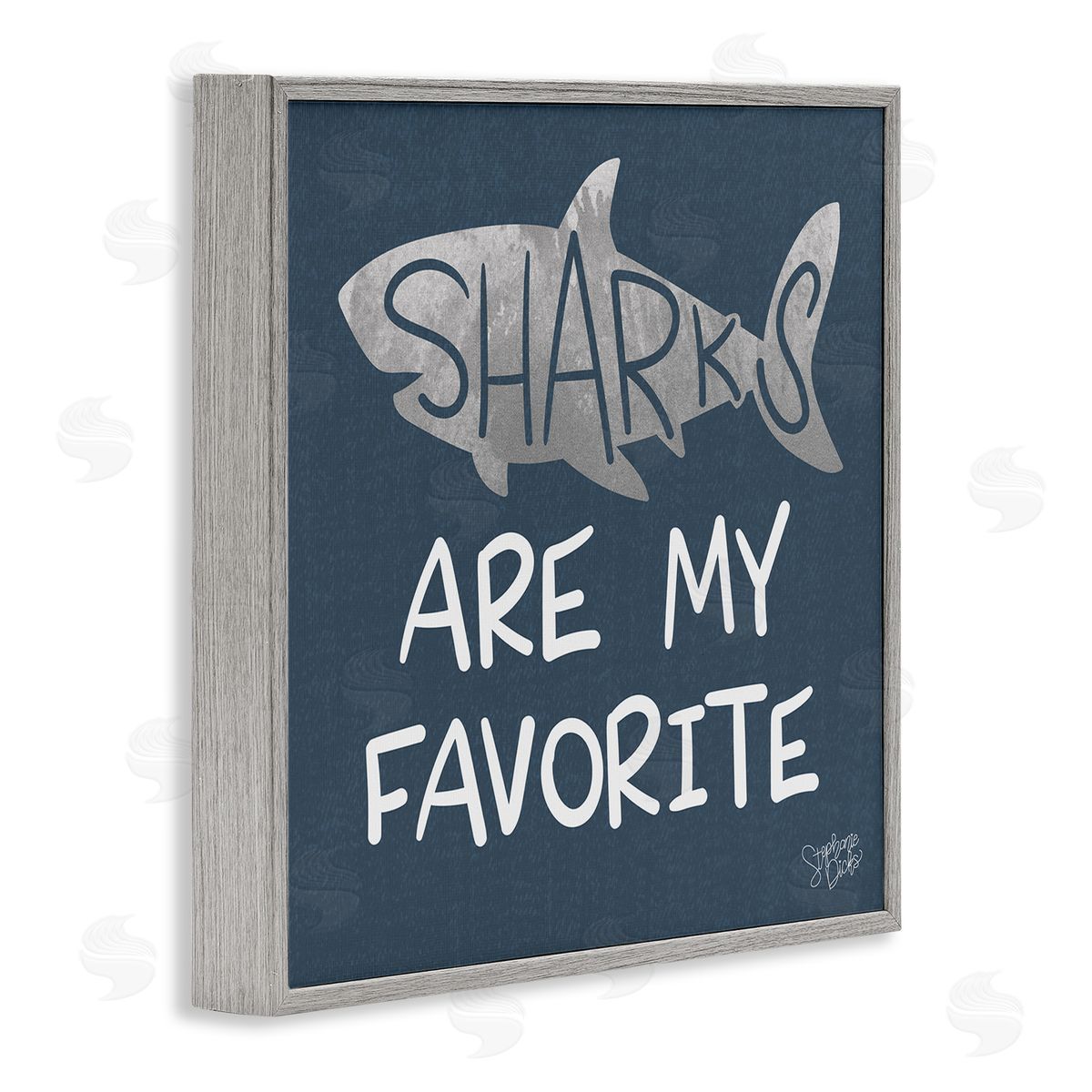 Stephanie Dicks Quirky Sharks Saying Text Maritime Blue Background  Gray Framed Glicee Wall Art Print