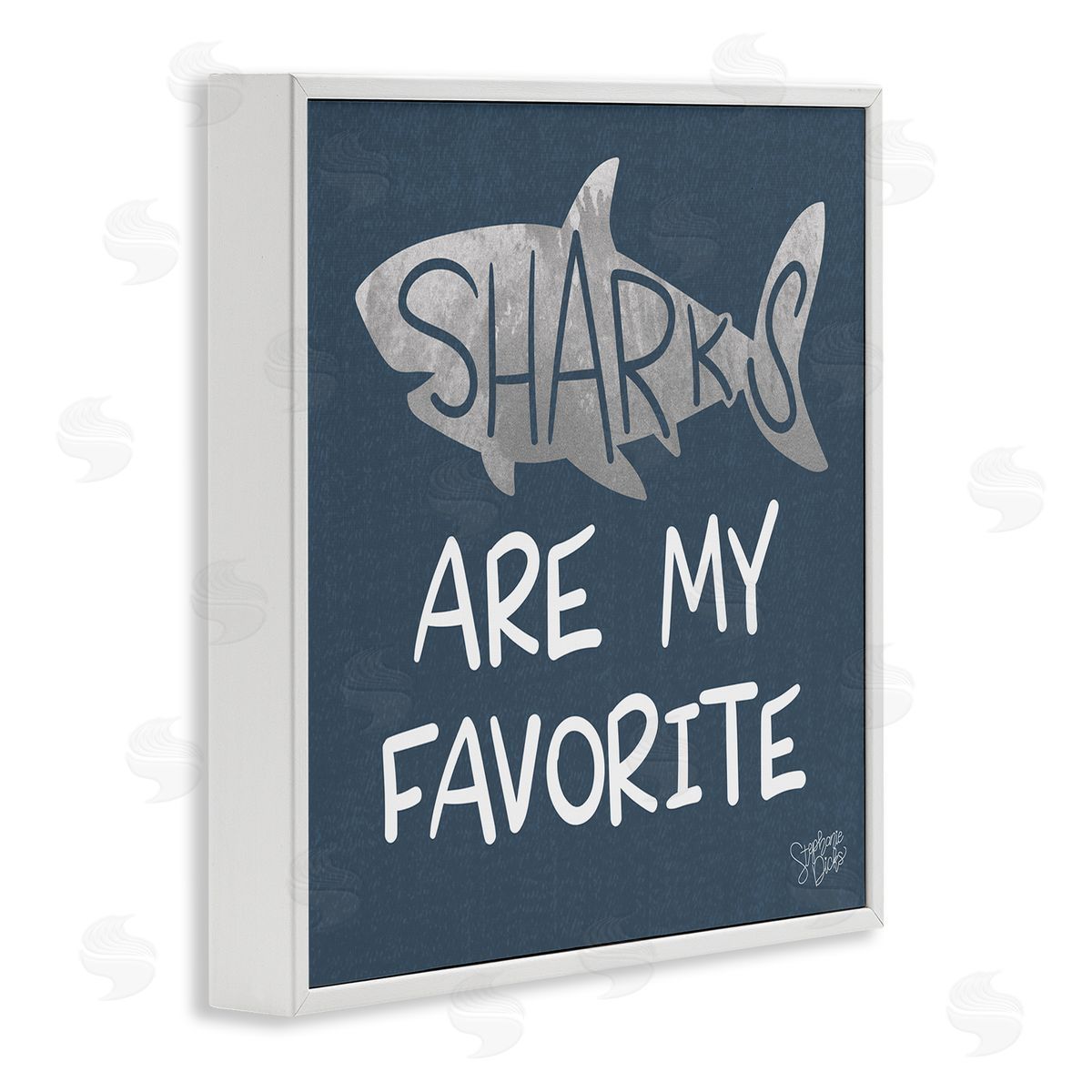 Stephanie Dicks Quirky Sharks Saying Text Maritime Blue Background  White Framed Glicee Wall Art Print