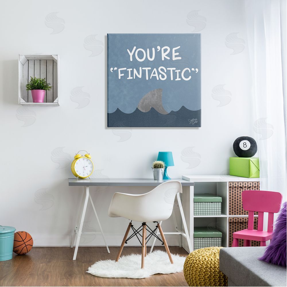 Stephanie Dicks Funny Fintastic Saying Text Shark Fin Swimming Ocean  Canvas Wall Art in Room