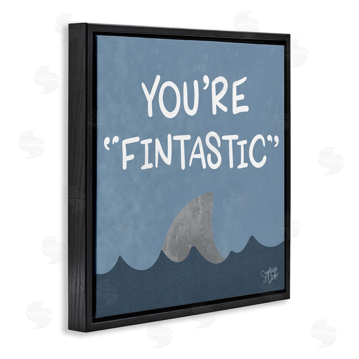 Stephanie Dicks Funny Fintastic Saying Text Shark Fin Swimming Ocean  Black Floating Frame Canvas Wall Art Print