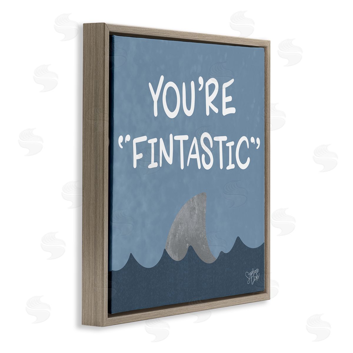 Stephanie Dicks Funny Fintastic Saying Text Shark Fin Swimming Ocean  Brown Floating Frame Canvas Wall Art Print