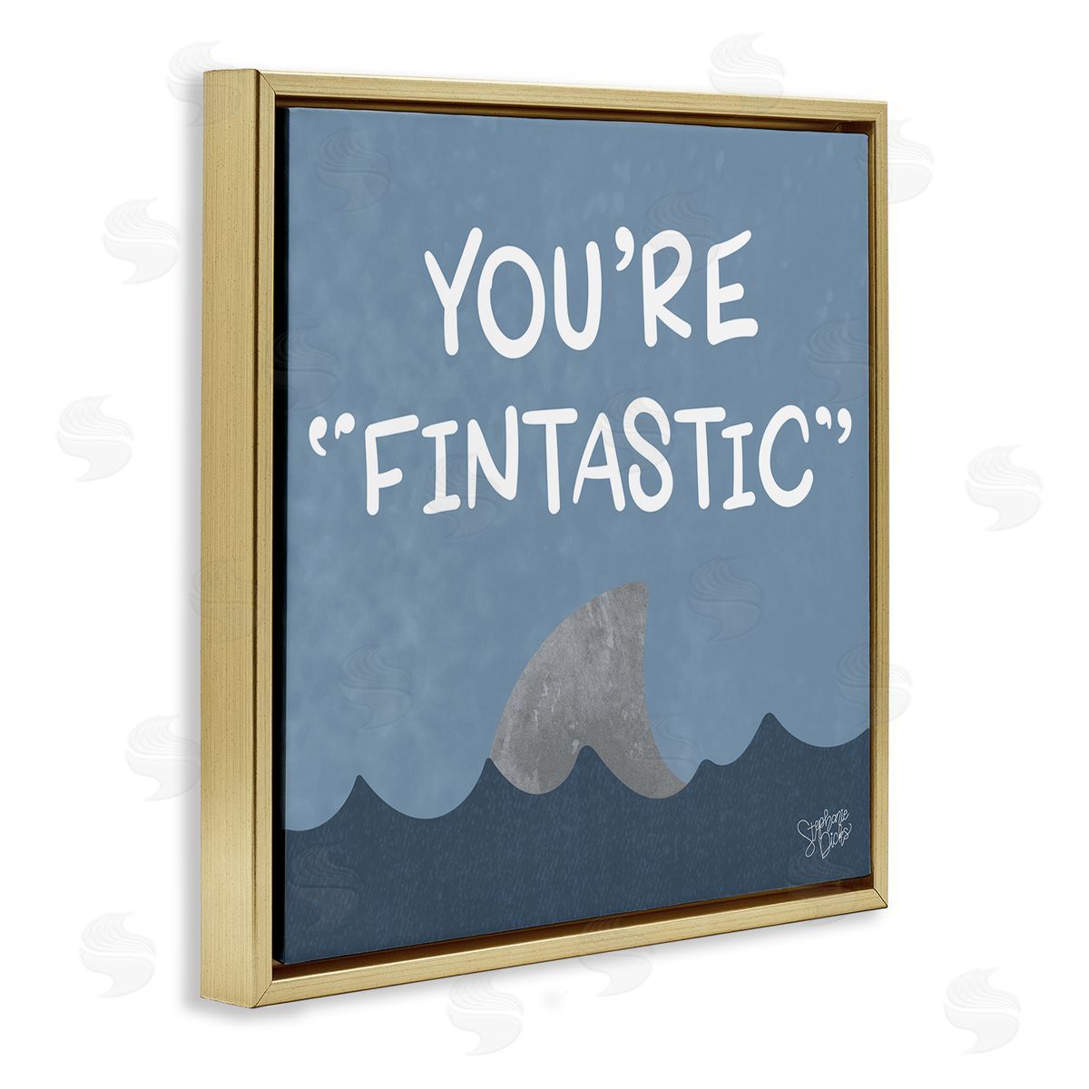 Stephanie Dicks Funny Fintastic Saying Text Shark Fin Swimming Ocean  Gold Floating Frame Canvas Wall Art Print