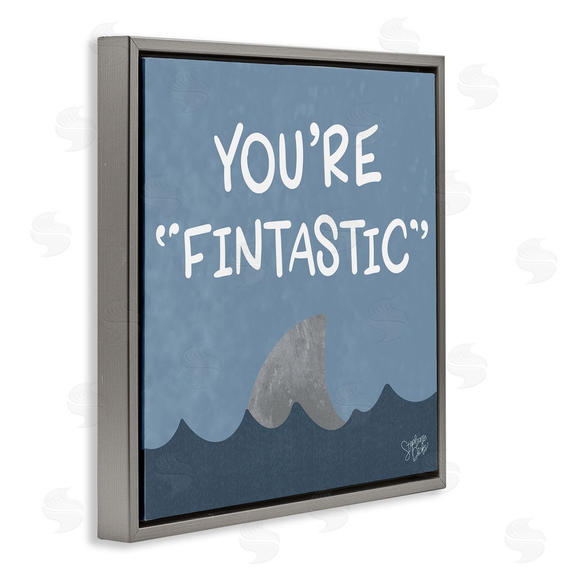 Stephanie Dicks Funny Fintastic Saying Text Shark Fin Swimming Ocean  Gray Floating Frame Canvas Wall Art Print