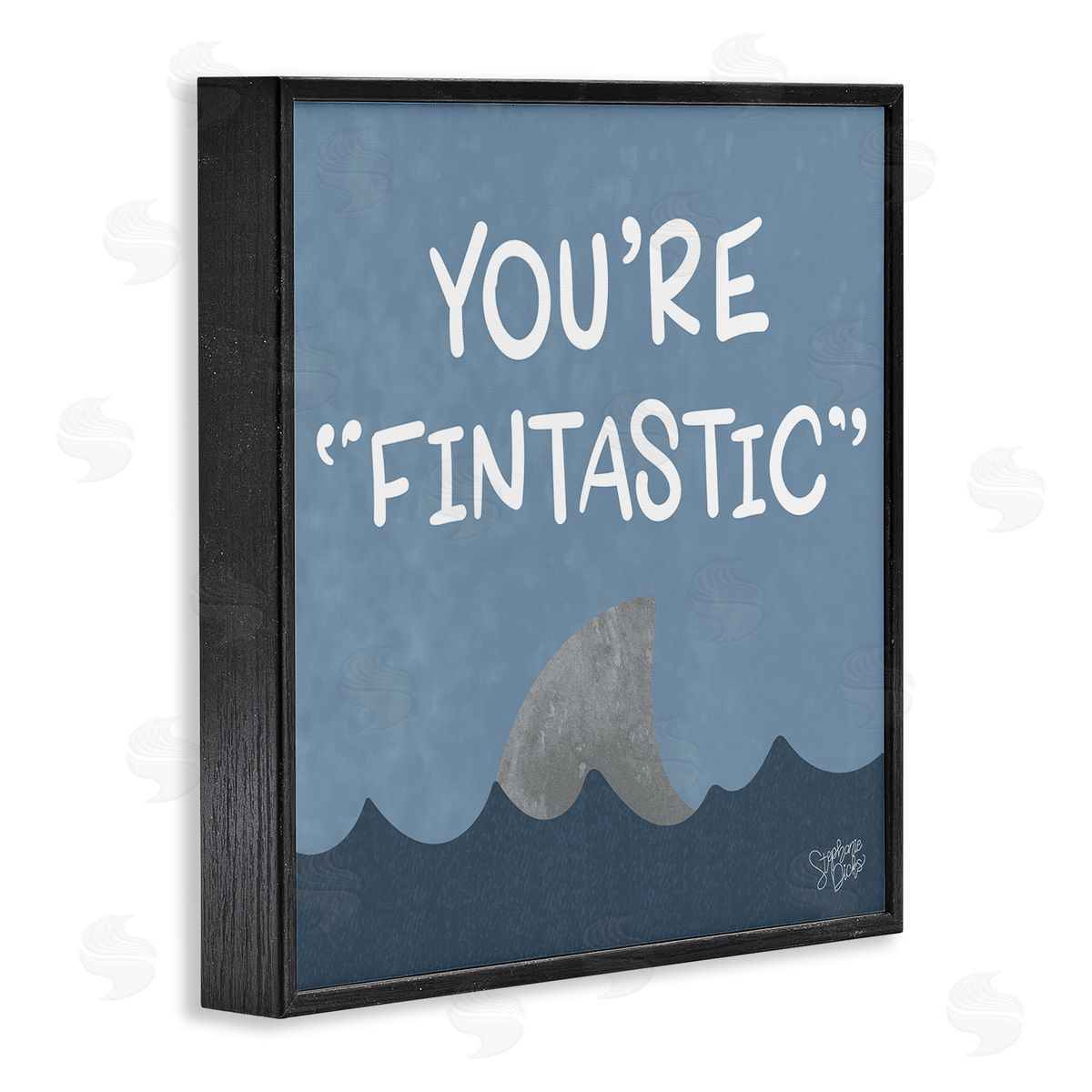 Stephanie Dicks Funny Fintastic Saying Text Shark Fin Swimming Ocean  Black Framed Glicee Wall Art Print