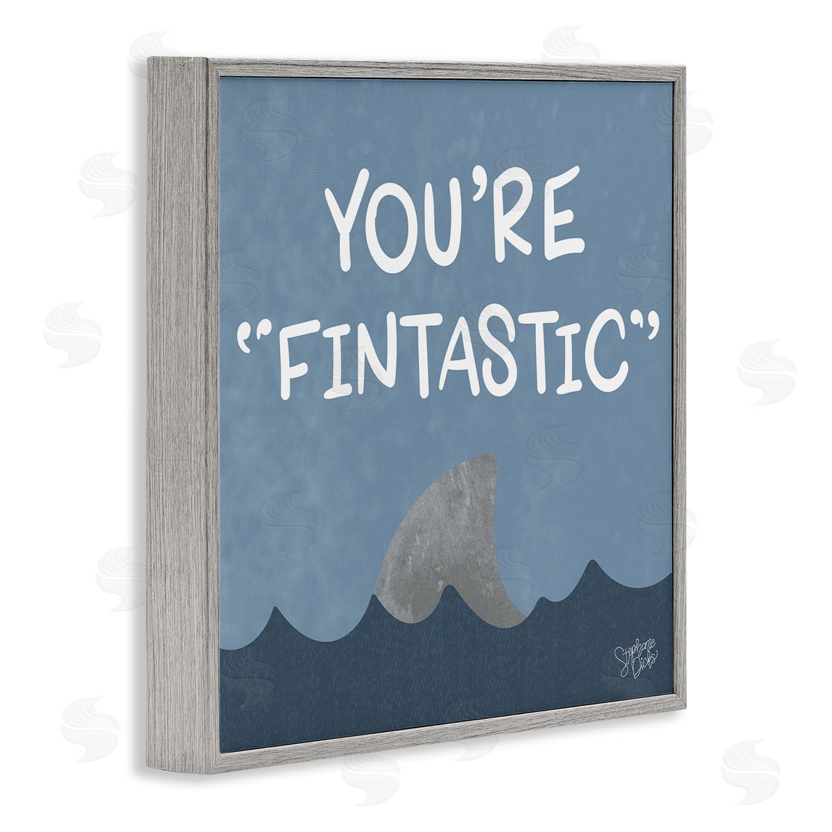 Stephanie Dicks Funny Fintastic Saying Text Shark Fin Swimming Ocean  Gray Framed Glicee Wall Art Print