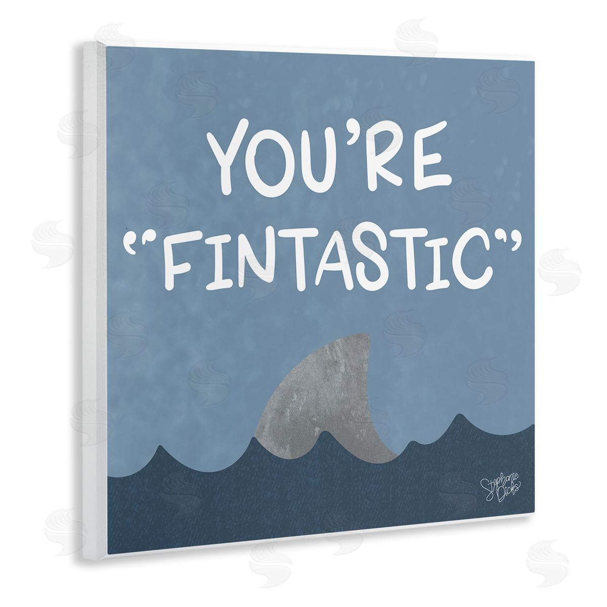 Stephanie Dicks Funny Fintastic Saying Text Shark Fin Swimming Ocean  Wooden Wall Plaque Art Print