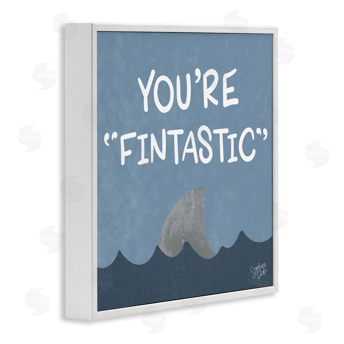 Stephanie Dicks Funny Fintastic Saying Text Shark Fin Swimming Ocean  White Framed Glicee Wall Art Print