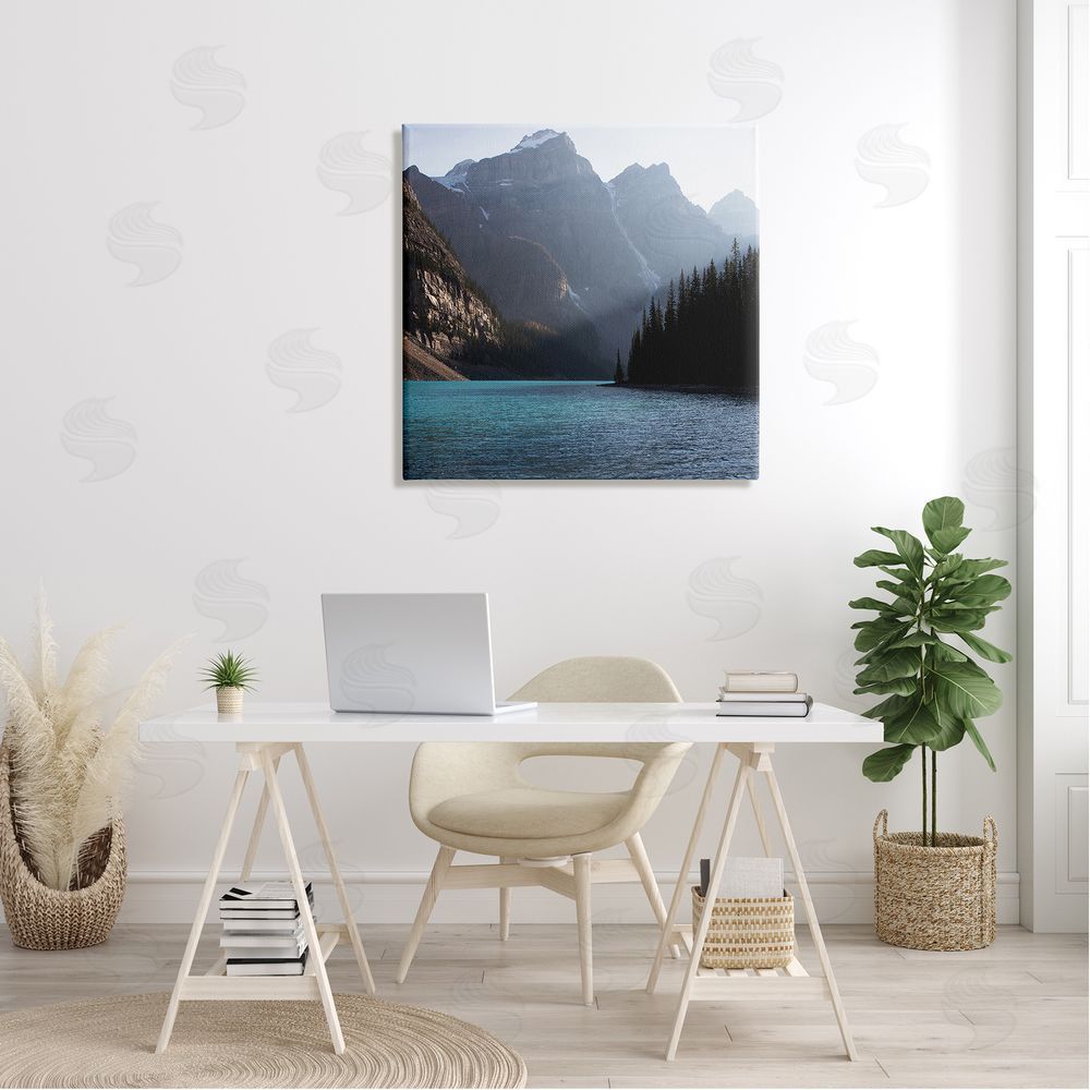 Carol Robinson Serene River Water Scene Foggy Mountains  Canvas Wall Art in Room