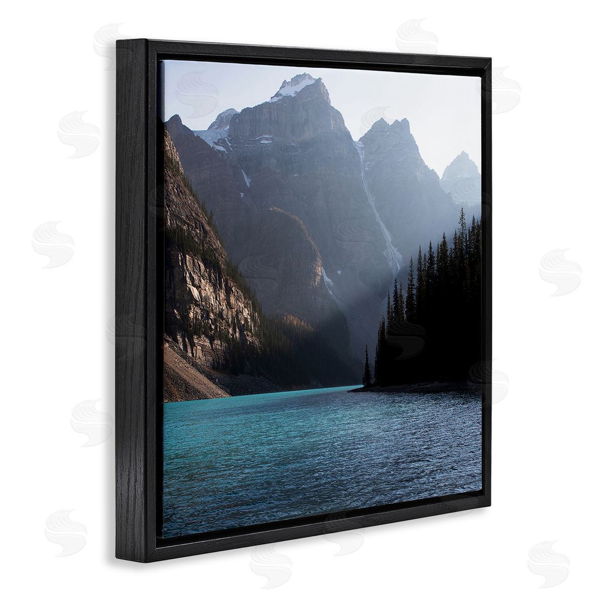 Carol Robinson Serene River Water Scene Foggy Mountains  Black Floating Frame Canvas Wall Art Print