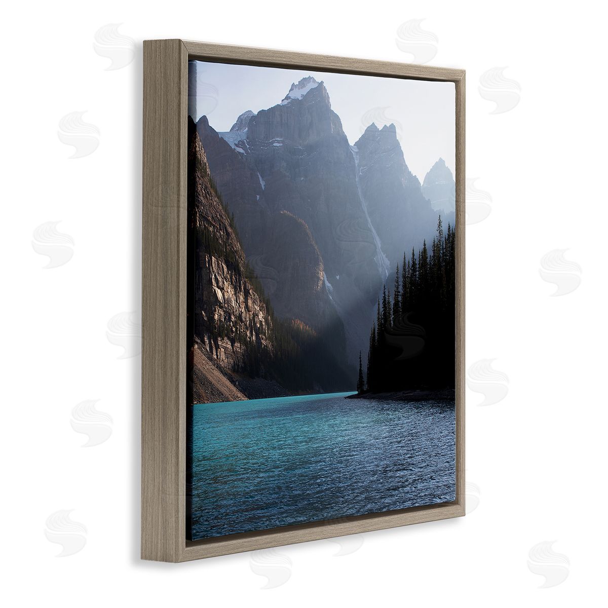 Carol Robinson Serene River Water Scene Foggy Mountains  Brown Floating Frame Canvas Wall Art Print