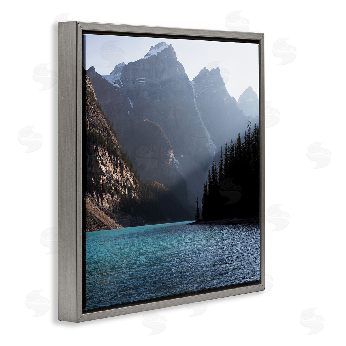 Carol Robinson Serene River Water Scene Foggy Mountains  Gray Floating Frame Canvas Wall Art Print