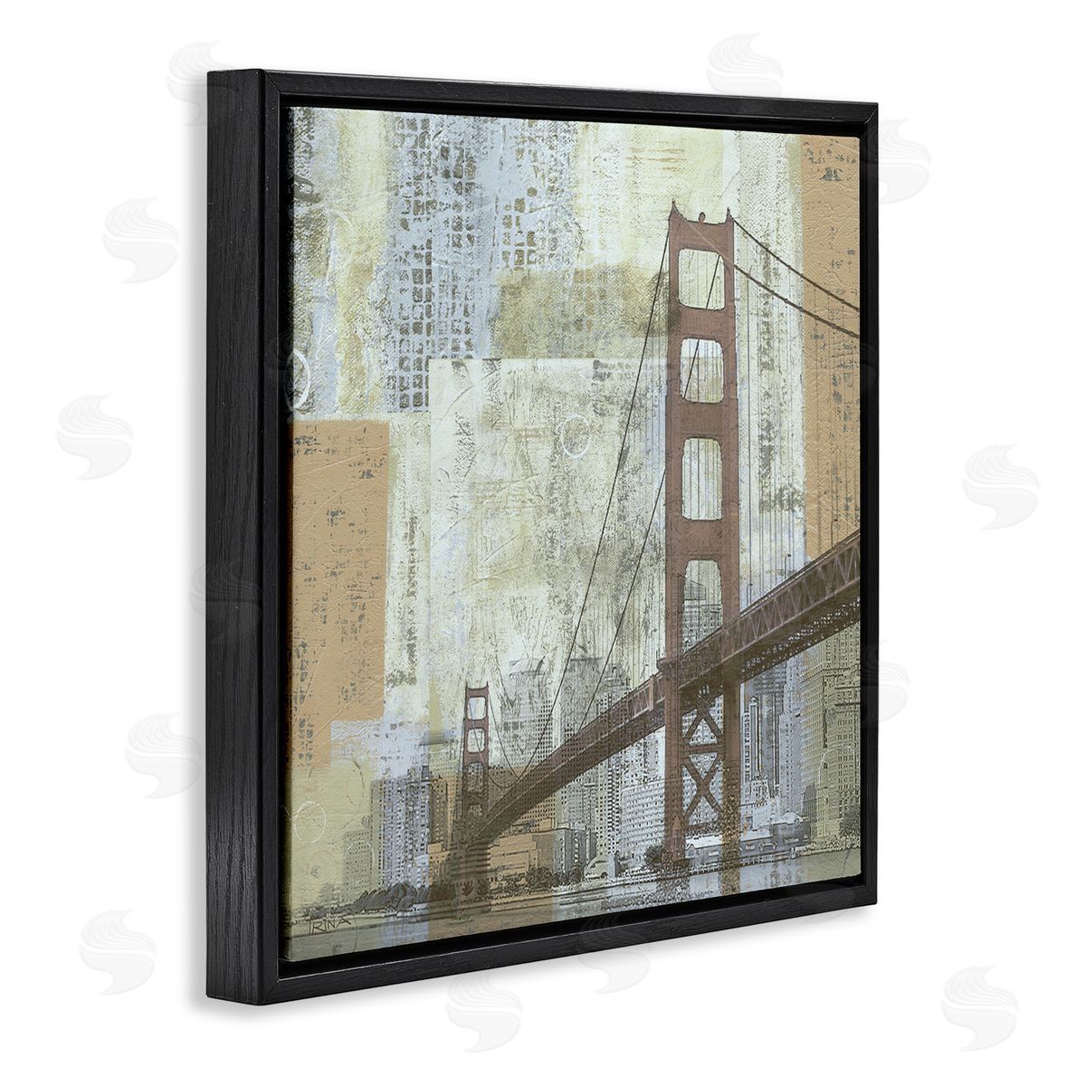 Katrina Craven Tall Water Bridge Abstract Blocked Metropolis City Black Floating Frame Canvas Wall Art Print