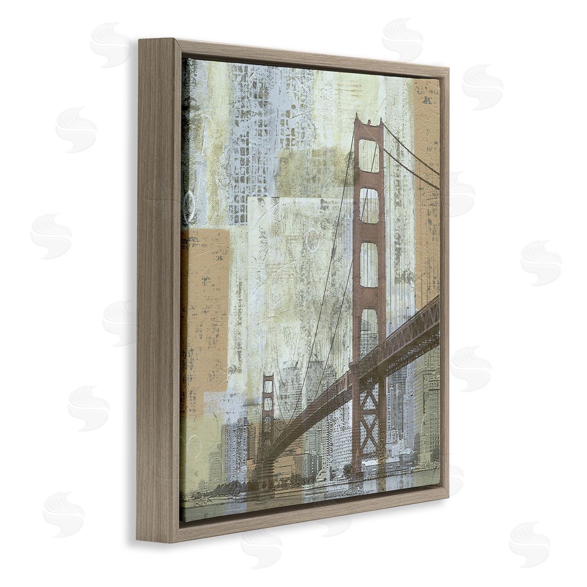 Katrina Craven Tall Water Bridge Abstract Blocked Metropolis City Brown Floating Frame Canvas Wall Art Print