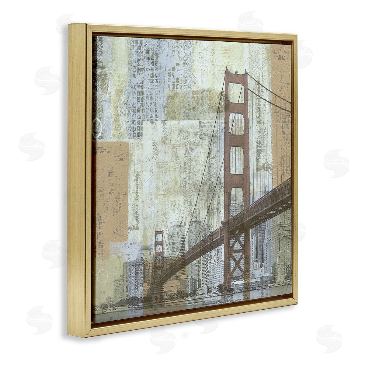 Katrina Craven Tall Water Bridge Abstract Blocked Metropolis City Gold Floating Frame Canvas Wall Art Print