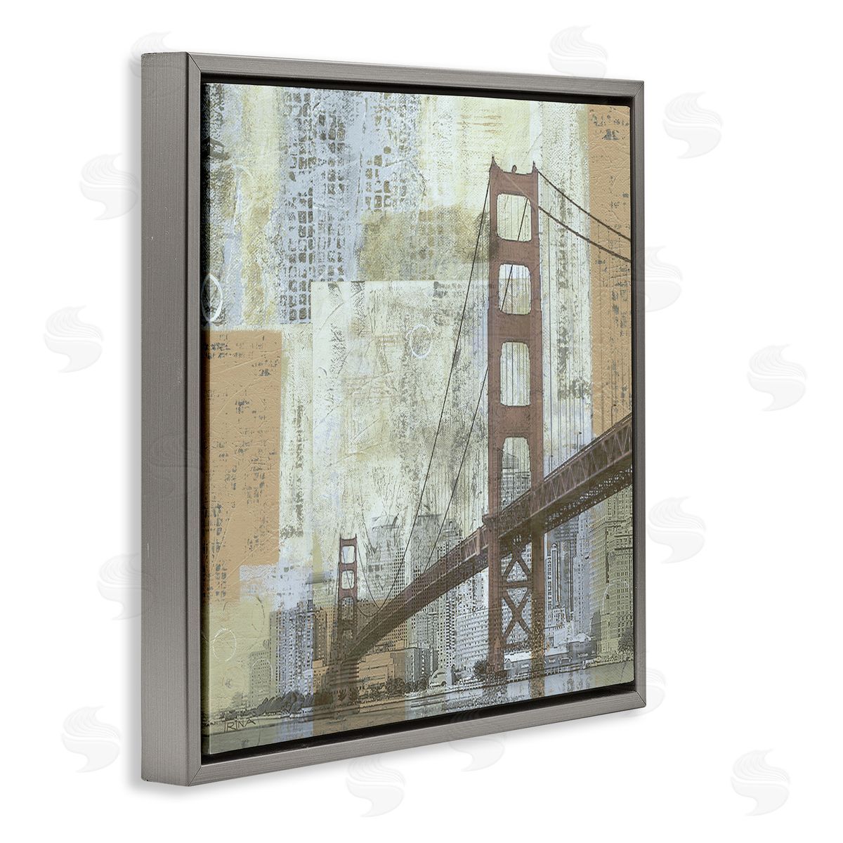 Katrina Craven Tall Water Bridge Abstract Blocked Metropolis City Gray Floating Frame Canvas Wall Art Print