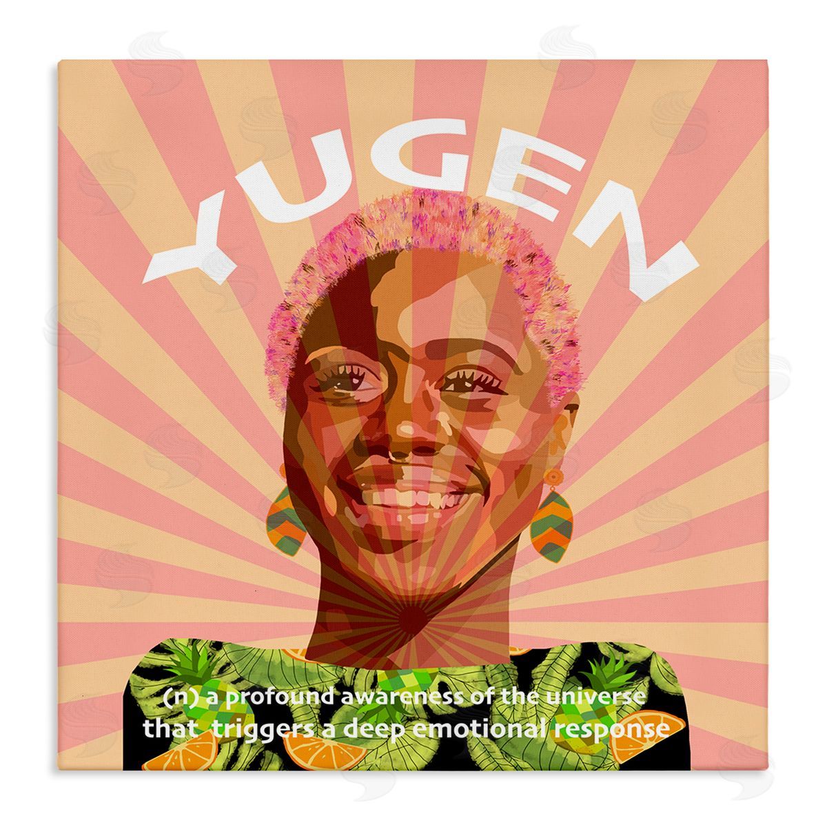 Lynnda Rakos Yugen Definition Text Smiling Woman Floral Stripes  Stretched Canvas Wall Art Print