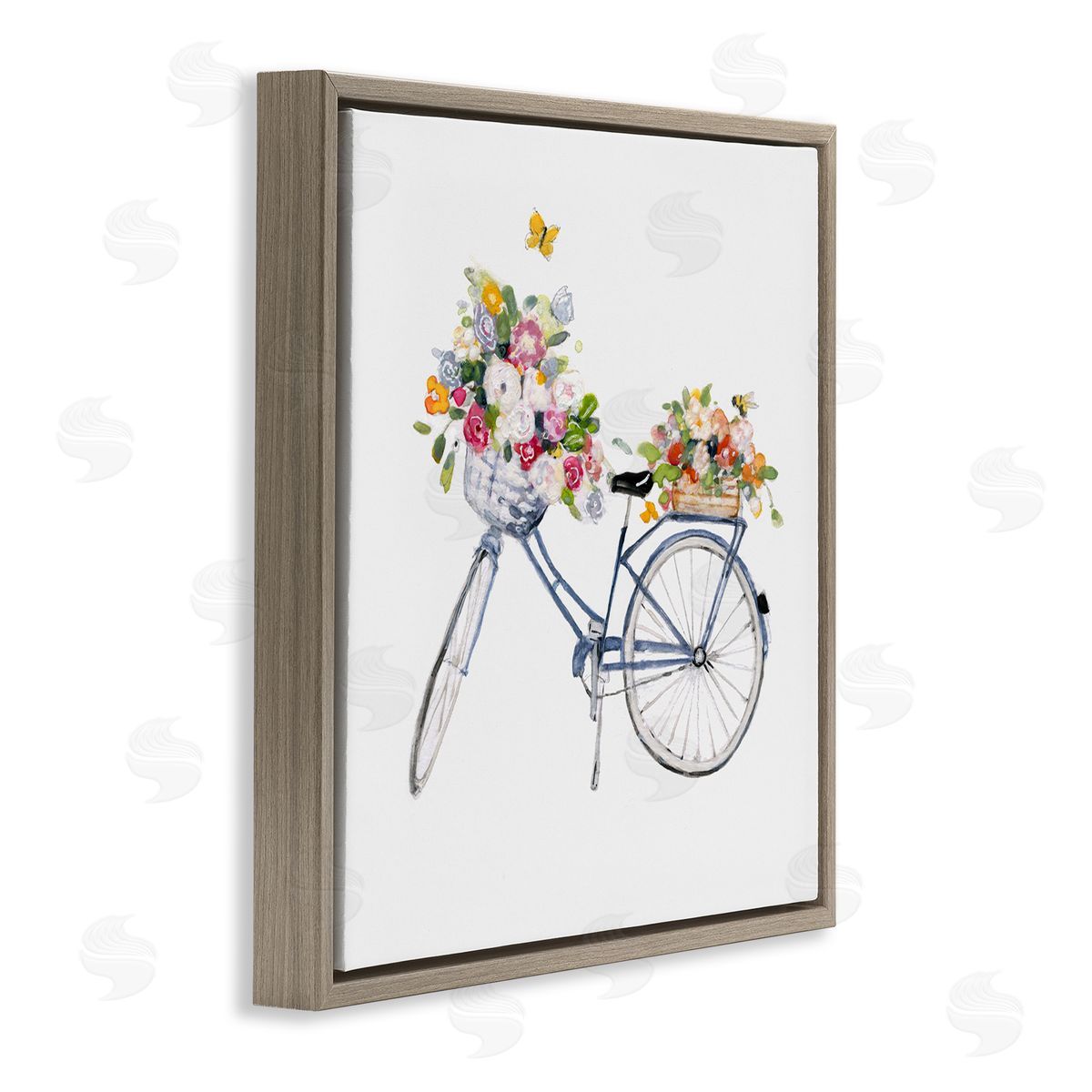 Sally Swatland Vintage Bicycle Flower Bouquet Baskets Butterflies  Brown Floating Frame Canvas Wall Art Print