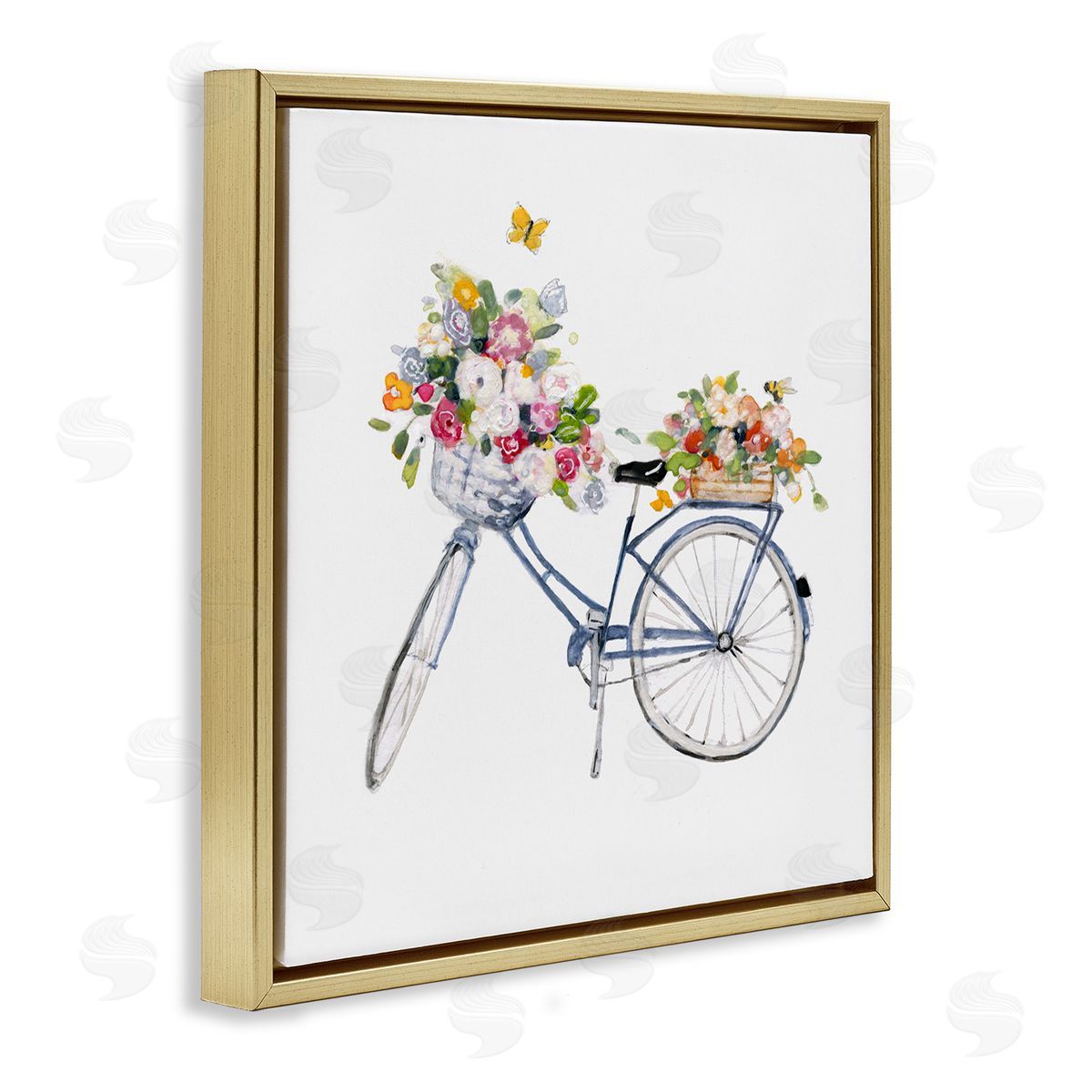 Sally Swatland Vintage Bicycle Flower Bouquet Baskets Butterflies  Gold Floating Frame Canvas Wall Art Print
