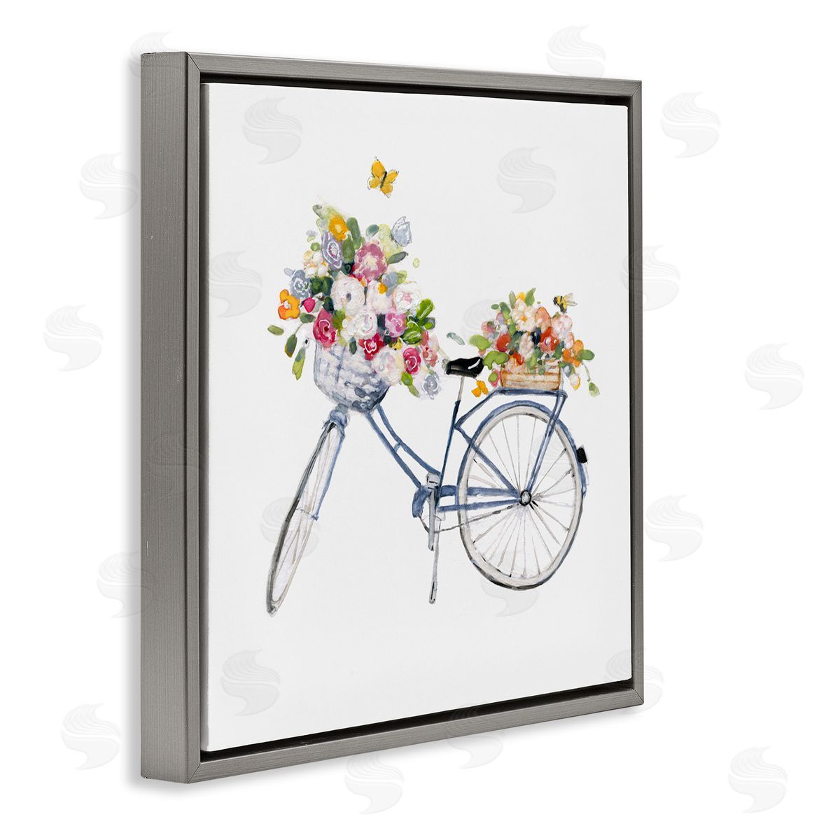 Sally Swatland Vintage Bicycle Flower Bouquet Baskets Butterflies  Gray Floating Frame Canvas Wall Art Print