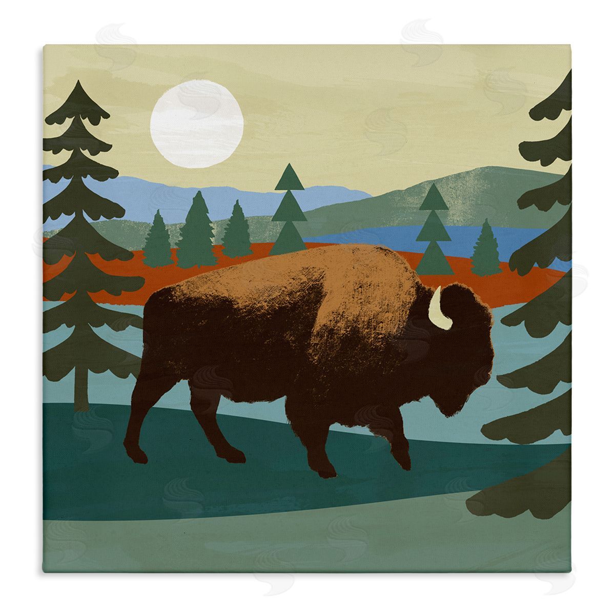 Victoria Barnes Sunny Wild Bison Woodlands Lake Trees Collage  Stretched Canvas Wall Art Print