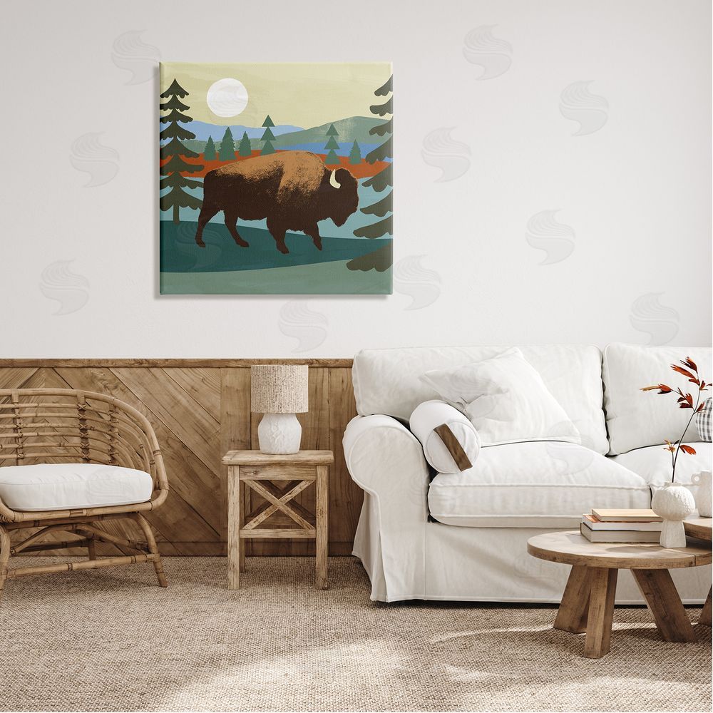 Victoria Barnes Sunny Wild Bison Woodlands Lake Trees Collage  Canvas Wall Art in Room