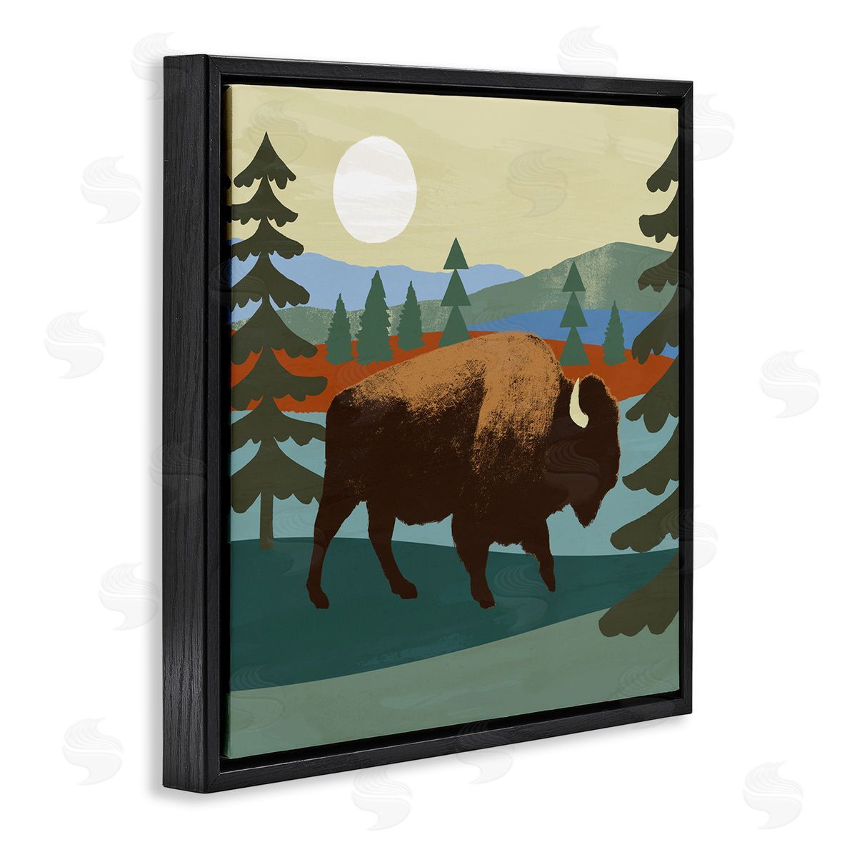 Victoria Barnes Sunny Wild Bison Woodlands Lake Trees Collage  Black Floating Frame Canvas Wall Art Print