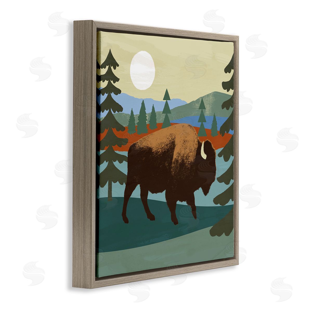 Victoria Barnes Sunny Wild Bison Woodlands Lake Trees Collage  Brown Floating Frame Canvas Wall Art Print