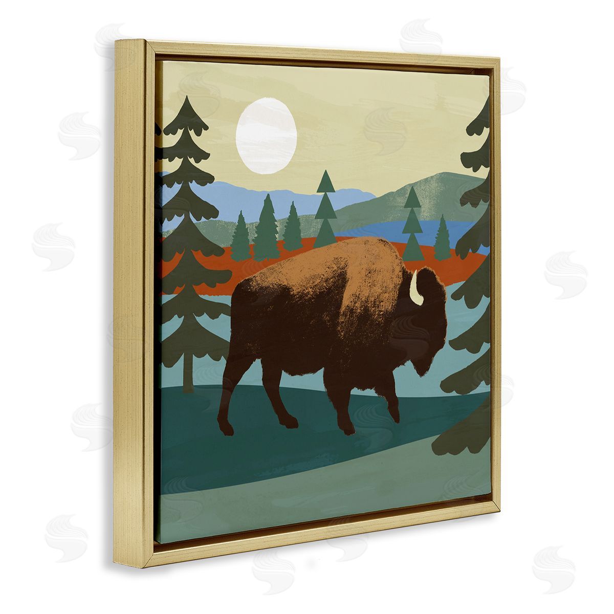 Victoria Barnes Sunny Wild Bison Woodlands Lake Trees Collage  Gold Floating Frame Canvas Wall Art Print