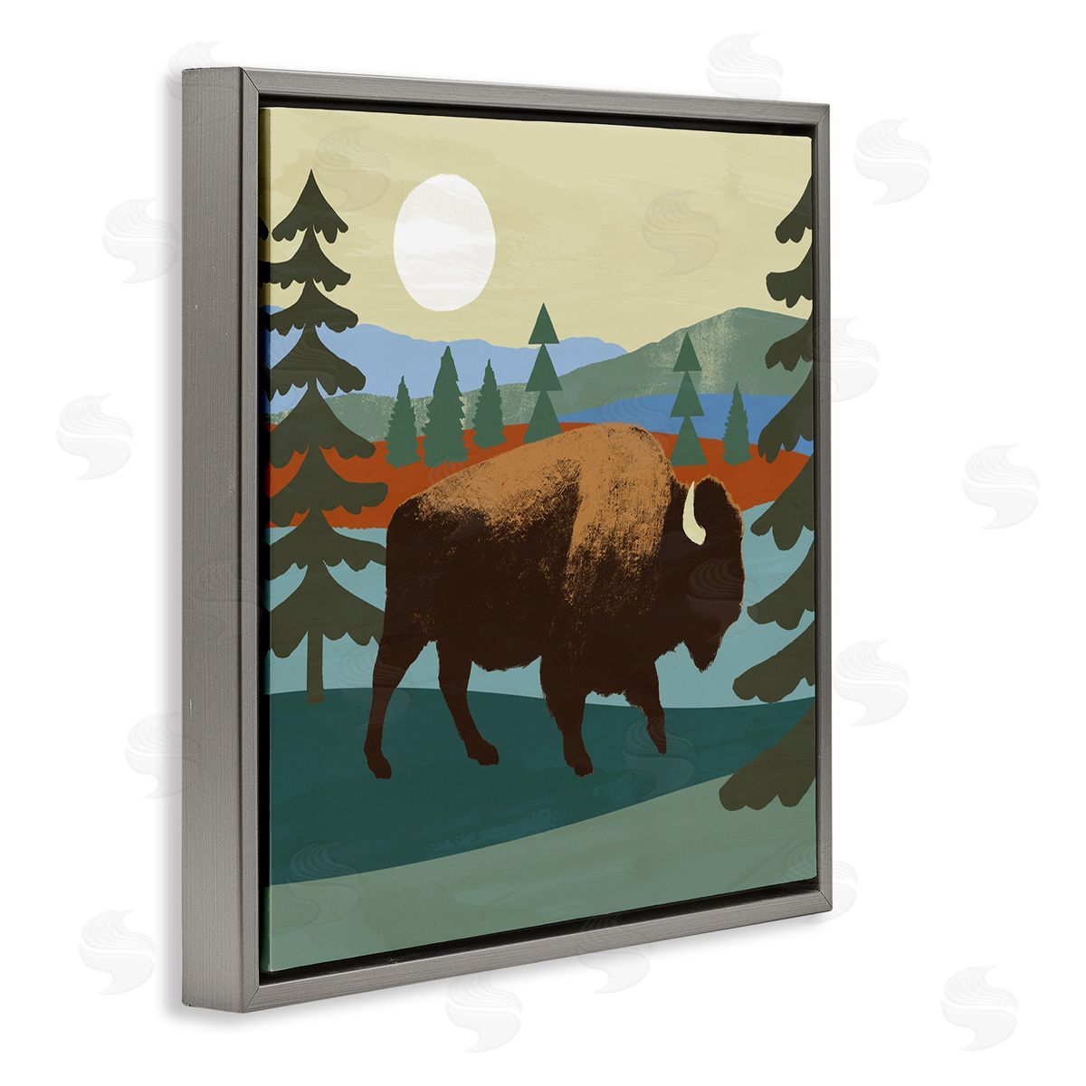Victoria Barnes Sunny Wild Bison Woodlands Lake Trees Collage  Gray Floating Frame Canvas Wall Art Print