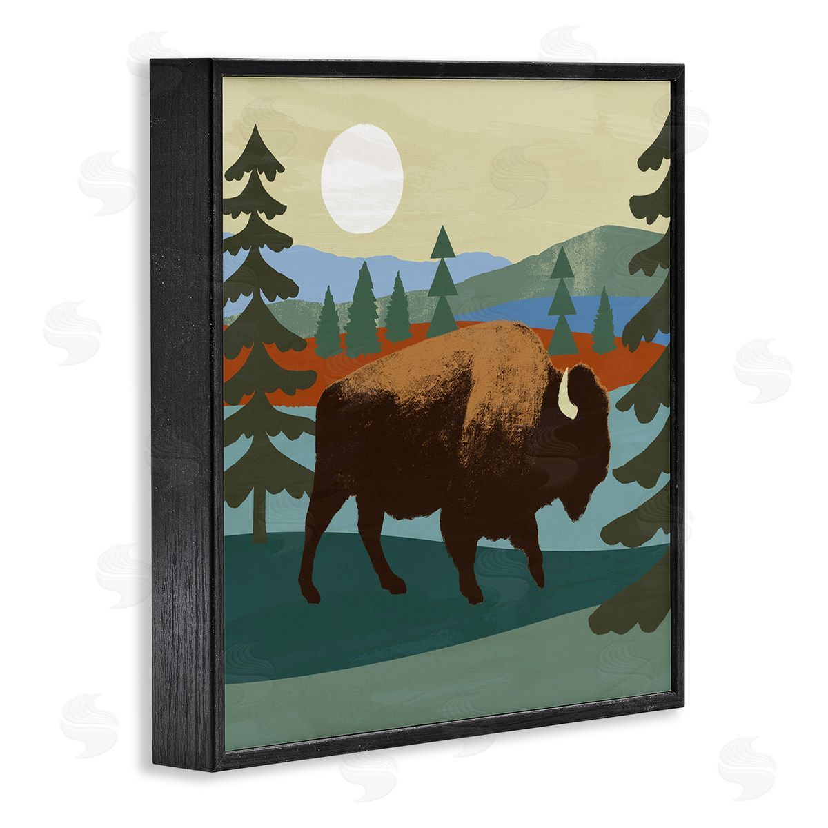 Victoria Barnes Sunny Wild Bison Woodlands Lake Trees Collage  Black Framed Glicee Wall Art Print